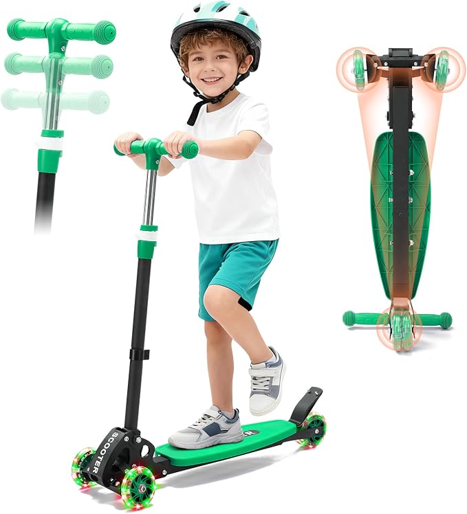 Scooters for Kids 6-8 8-12, Folding 3 Lighted Wheels Kick Scooter,3 Adjustable Height Handlebars, Lean-to-Steer,Widen Anti-Slip Deck, Heavy Duty Scooter for Boys Girls Ages 6-12,up to 170 Lbs