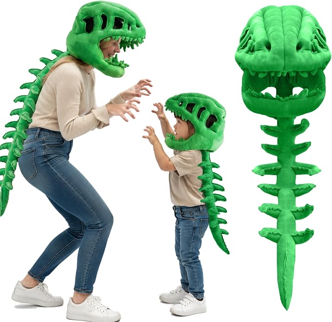 Dinosaur Skeleton Costume, Wearable Spinosaurus Skull Mask & Spine, Silly Dino Skeleton Halloween Costumes Outfit