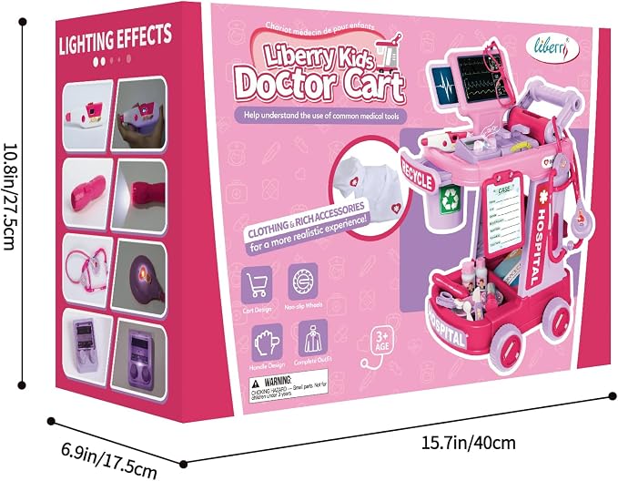 Liberry Doctor Kit for Toddlers Ages 3 4 5, Pretend Kids Doctor Playset with Cart, Costume and Stethoscope, Role Play Medical Toys Birthday Gift for Girls Boys (Pink)