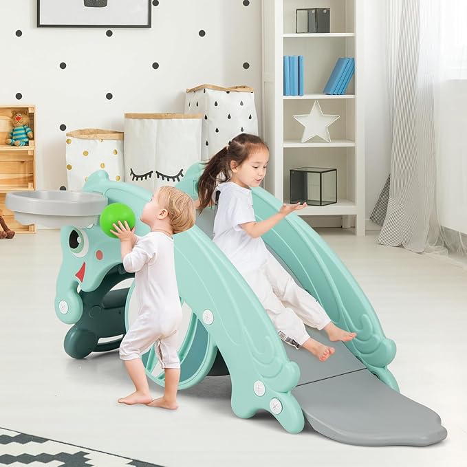 Costzon 4 in 1 Toddler Slide Rocking Toy, Slide for Kids with Basketball Hoop, Rocking Horse, Climber Playground for Both Indoors Outdoor Use (Green Frog)
