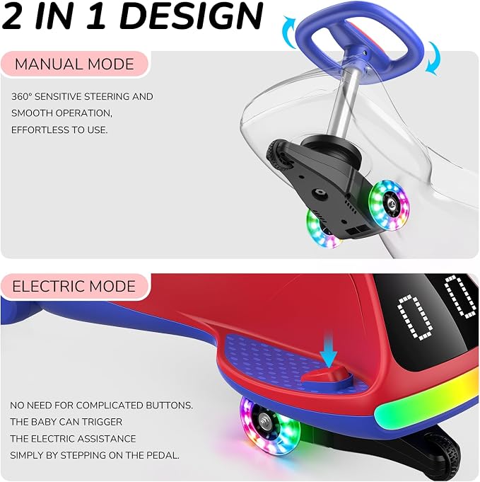 Umatoll 12V Electric Wiggle Car for Kids with Pedal, Display, Rechargeable Battery, LED Light, Bluetooth, Light-Up Wheels, Anti-Rollover, 2 Speeds, Ride on Toys, Birthday Gifts for Age 3+, 150Lbs