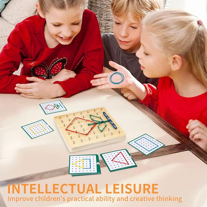 HEELWIRE Wooden Geoboard,Montessori Toy,Graphical Mathematical Education Toy for Kids with Pattern Cards and Rubber Bands to Figures and Shapes, Brain Teaser STEM Toy Geo Board (6 * 6 * 0.6 in)
