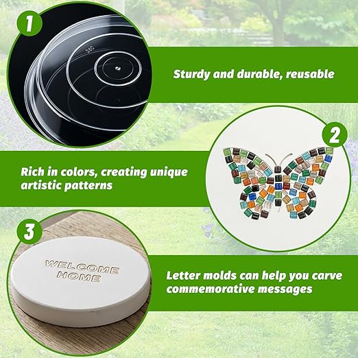U0U 5PCS Stepping Stone Kit Includes Round Cement Molds, Mosaic Tiles and Carving Tools,DIY Garden Stepping Stone kit for Kids,Family,Outdoor Walkways Pavement Decoration (No Concrete Mix)