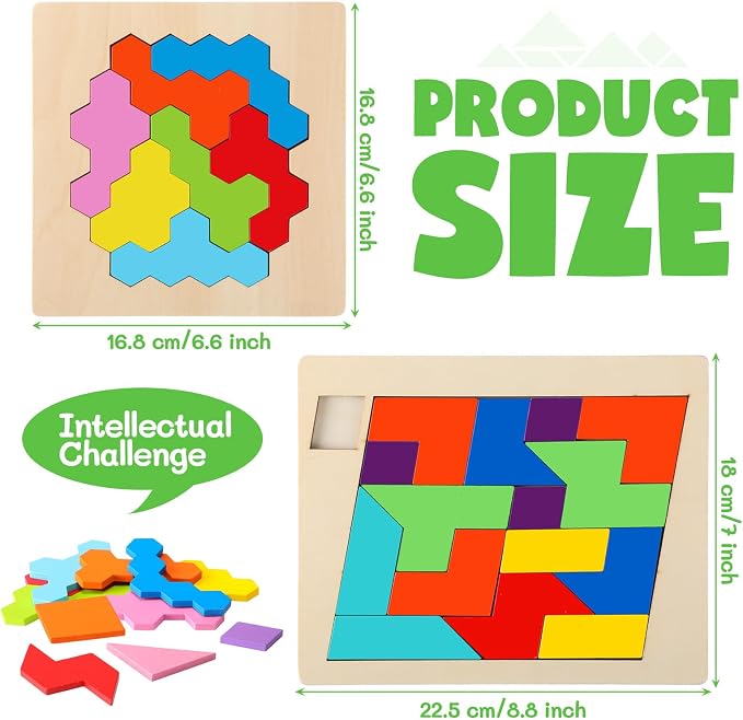 Yunsailing 3 Pack Large Wooden Blocks Puzzles Hexagon Tangram Puzzle Wooden Russian Brain Puzzles for Adult Challenge Teasers Geometric Jigsaw Logic Iq STEM Educational Gift Graduation(Geometry)