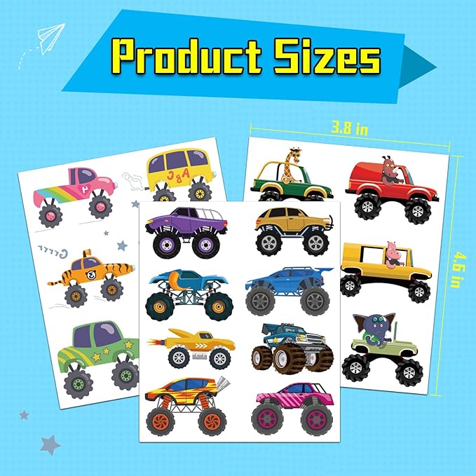 Ozepao Monster Trucks Temporary Tattoo for Kids, 10 Sheets Monster Truck Fake Tattoos for Boys Party Favors, Goodie Bags Stuffers, Brithday Supplies Decorations