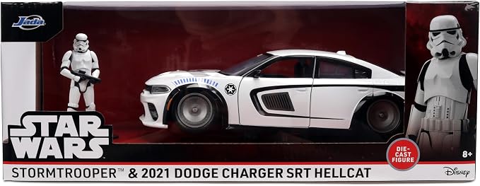 Jada Star Wars Stormtrooper with 2021 Dodge Charger SRT Hellcat Die-Cast Vehicle 1:24 Scale – Opening Parts Toys