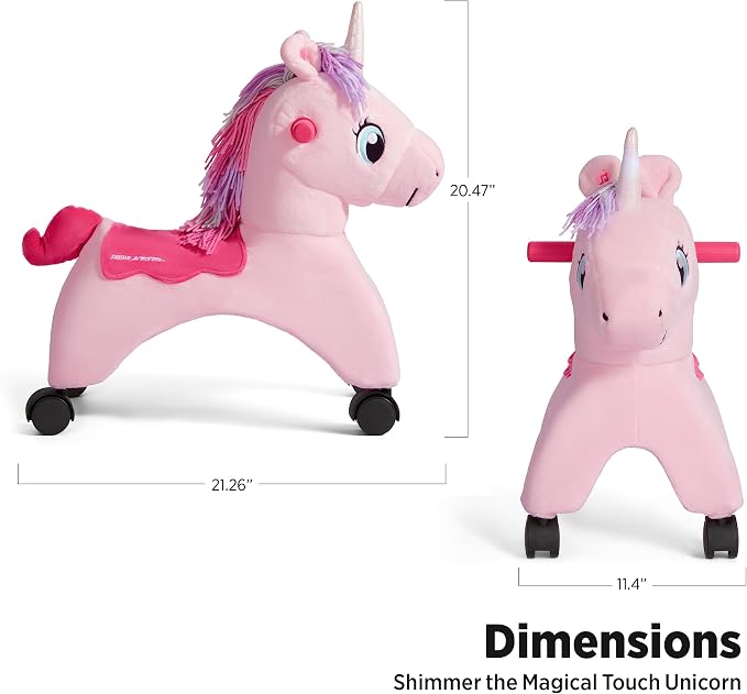 Radio Flyer Shimmer the Magic Unicorn Ride On, Ages 1-3, Interactive Lights & Sounds, Horn Lights Up While Riding, EZ-Glide 360-degree Wheels, Easy Grip Handles, Soft Plush Face, Toddler Ride On Toys
