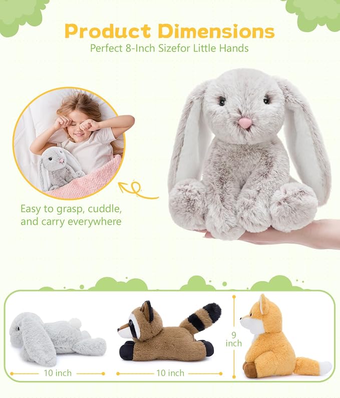 Tezituor 6 Pack Woodland Stuffed Animal Plush Toys, 8 inch Cute Bunny Fox Raccoon Plush Bulk Set, Cuddly Gift for Toddlers & Adults, Ideal for Nursery Decor & Party Favors