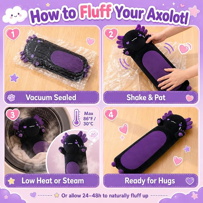 Long Axolotl Stuffed Animals 35.4 Inch, Soft Axolotl Plush Pillow Cute Body Pillow Gifts for Kids Girlfriend, Black&Purple