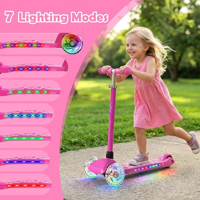 TONBUX Kids Scooter for Ages 3-8: 3-Wheel Kick Scooter with LED Light-Up Wheels & Deck, 7 Lighting Modes, 4 Adjustable Heights, Metal-Reinforced Deck, Lean-to-Steer Balance Training Toddler Scooter