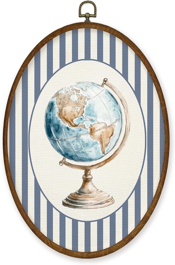 WULQYING Vintage Planet Globe Nursery Wall Art Decor, Travel Boy Nursery Travel Oval Framed Canvas Art Prints, Planet Toddler Wall Hanging Decor for Home Kids Living Room Bedroom,8.6x11.4 Inches