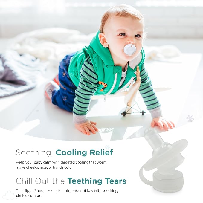 Nippii Freezable Pacifier & Ice Cube Tray, Baby Teether Toys 0-9 Months | Hands-Free, Medical-Grade Silicone, Water-Fillable, Cold. Includes Ice Cube Tray. Made in USA, CPSC Compliant, BPA Free