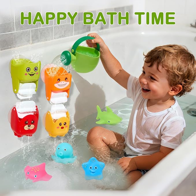 Baby Bath Toys for Kids Ages 1-3, Mold Free Toddler Bathtub Pool Water Table Toys for 1 2 3 Year Old Girls Boys, No Hole Floating Animals, Fishing Net Watering Can Tub Toys for Babies 12+ Months