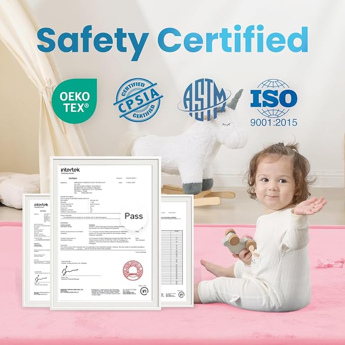 1.3" Thick Baby Floor Play Mat, 59x79 Padded Foam Tummy Time Crawling Mat, Non-Slip Water-Repellent Soft Plush Nursey Area Rug for Playroom Living Room (Pink)
