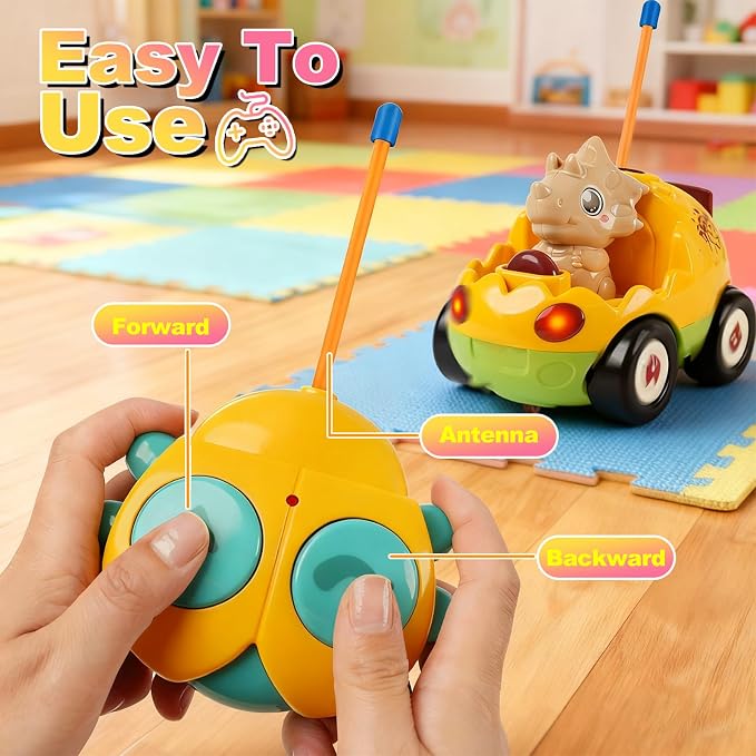 MagicKidz Dinosaur RC Car for Kids - 2-Pack Remote Control Dino Toy Cars for Boys Toddlers Ages 18+ Months, 2 3 4 5 Year Old, Birthday Gifts with Lights and Music