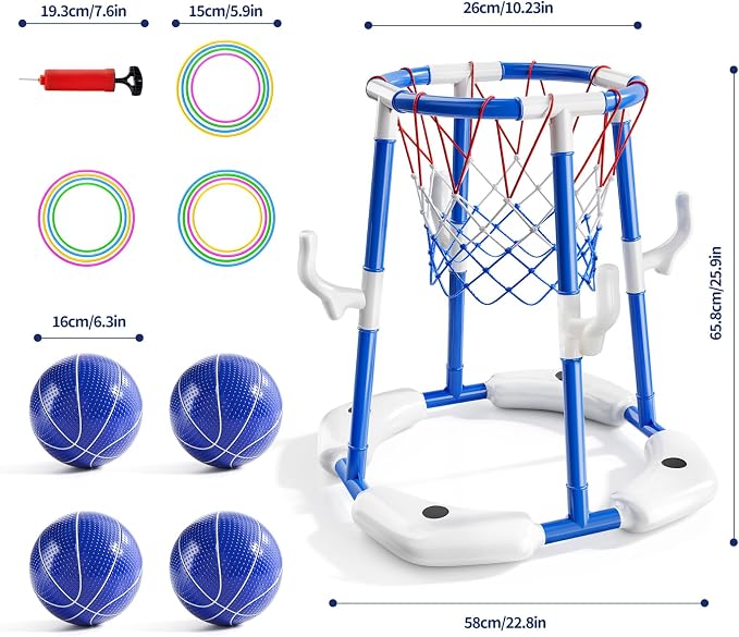 Sitodier Pool Basketball Hoop for Kids, 2-in-1 Floating Pool Water Play Toys and Ring Game with 4 Balls and Pump, Outdoor Summer Swimming Pool Basketball Games Family Party for Kids Adults (Blue)