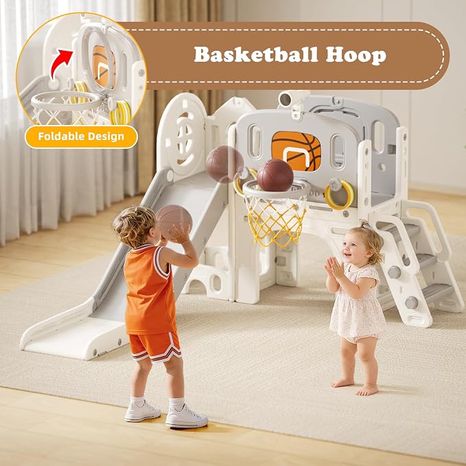 XJD 8 in 1 Toddler Slide Set, Kids Slide for Toddlers Age 1+, Climber Slide PlaySet with Basketball Hoop and Ball,Outdoor Indoor Playground for Toddlers 1-3 (Gley, Small)