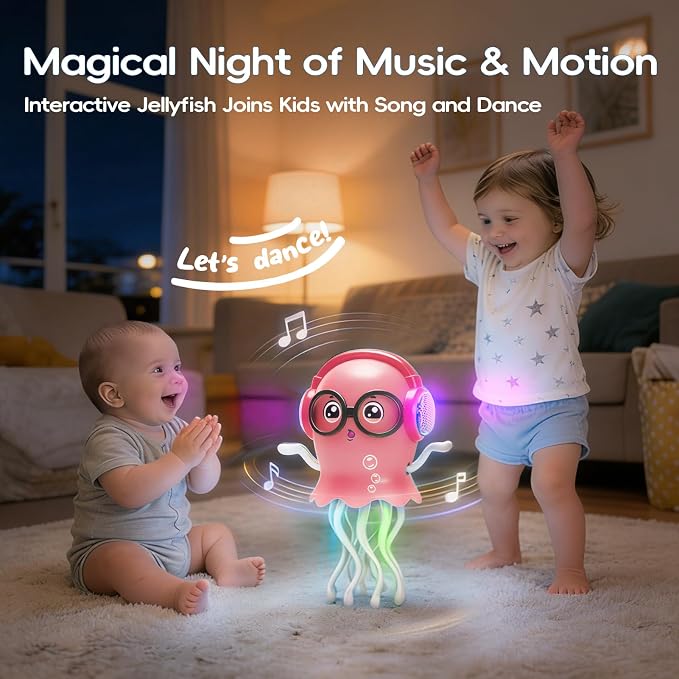 GONINO DJ Dancing Jellyfish Baby Girl Toys, Musical Crawling Tummy Time Toys with LED Light & Smart Obstacle Avoidance, 360° Spin Sensory Toys for Toddlers Kids, Birthday Gifts for Girls, Pink