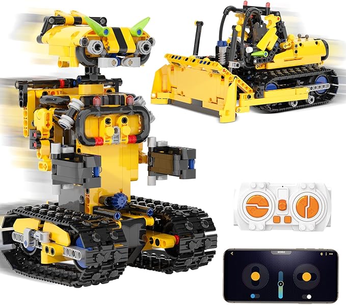 Sciencow 2-in-1 Build a Robot Kit, Remote & APP Controlled Robotic Building Blocks Toys STEM Projects for Kids Ages 8 9 10 11 12 13 14,Chirstmas Birthday Gift for Boys (RC Bulldozer)