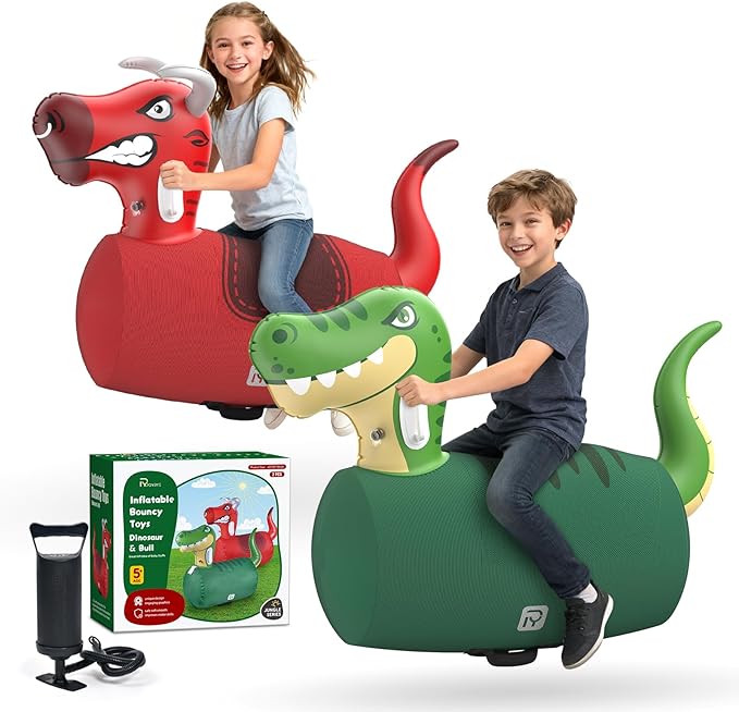 POVYRE Hoppers Kids Boys Outdoor Toys, 2 PCS Giant Inflatable Dinosaur Bull Toys Bouncy Hopper with Pump, Ride-on Jumping Animal for Indoor Outdoor Play, 220 lbs Capacity, Gift for Ages 5+