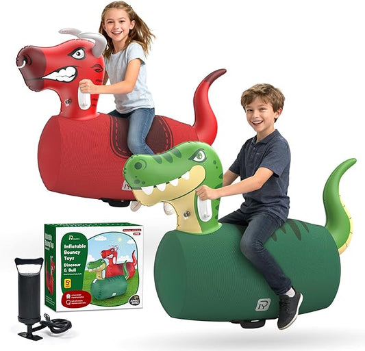 POVYRE Hoppers Kids Boys Outdoor Toys, 2 PCS Giant Inflatable Dinosaur Bull Toys Bouncy Hopper with Pump, Ride-on Jumping Animal for Indoor Outdoor Play, 220 lbs Capacity, Gift for Ages 5+