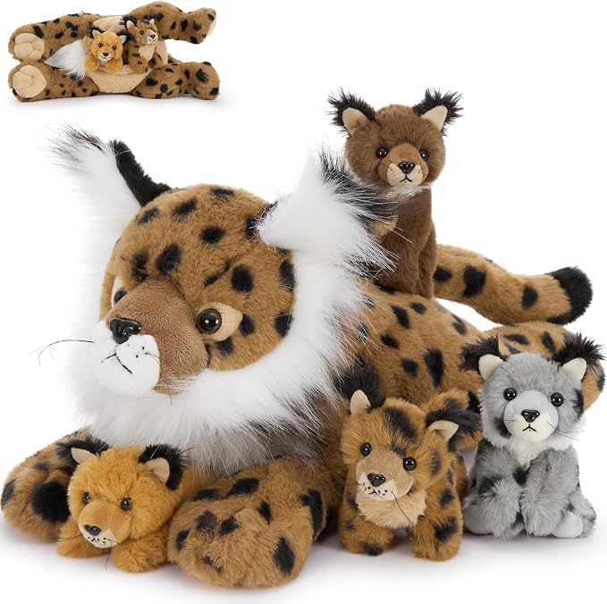 Muiteiur 5 Piece Lynx Stuffed Animals, Soft Bobcat Stuffed Animals with Babies,18-inch Plush Toy for Kids Girls Boys, Fun Gift for Birthday Children Day
