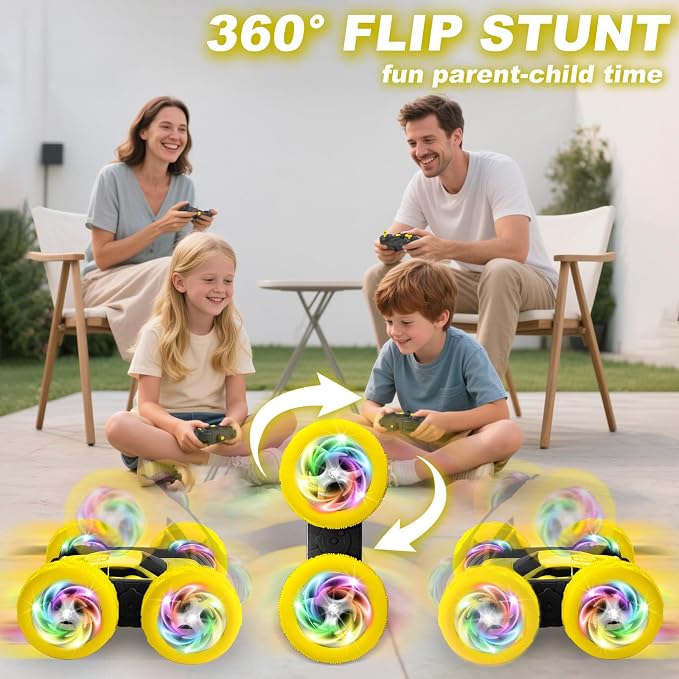 Remote Control Car, Outdoor Toys RC Cars for Kids Ages 6-12, 4WD Double Sided Stunt Vehicle with Upgraded USB-C Modular Batteries, 5 6 7 8 9 10+ Year Old Boy Birthday Yellow