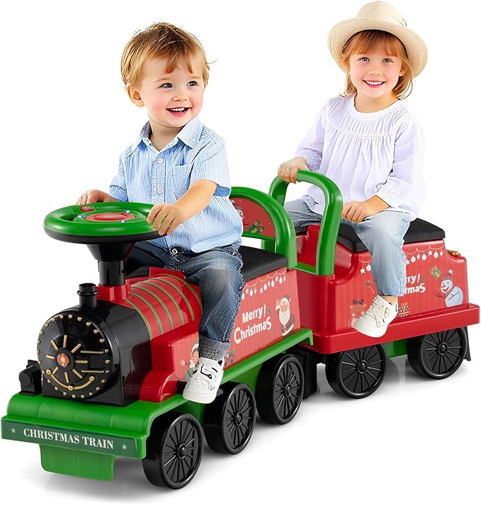 Costzon 2-Seater Ride on Train with Carriage, 6V Ride on Toy w/Under-Seat Storage, Footrests, Train Whistle, Music & Colorful Flashing LED Lights, Electric Car for Kids Aged 18+ (2 Seaters, Green)