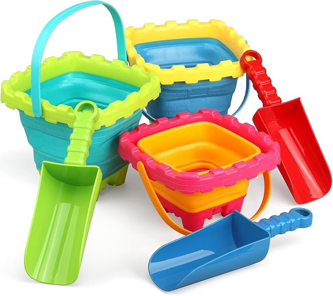 7 PCS Castle Foldable Beach Sand Buckets Toy Set with Shovels Scoop Sifter for Kids, 3L Silicone Collapsible Bucket Pails for Toddler, Summer Toy, Sandbox Kit Camping Gear Beach Essential Gift