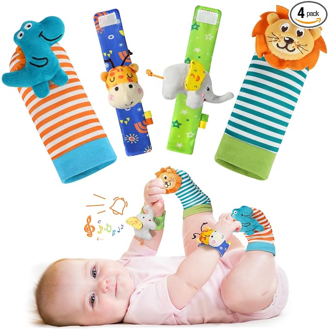 URMYWO Wrist Rattles for Baby - Rattle Socks - Foot Finder Set - Baby Toys for 0-12 Months Infant - Newborn Essentials - Early Learning Sensery Toys for Boy Girl as Shower Gifts