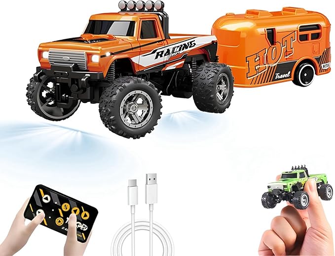 1:64 Scale Mini Remote Control Monster Truck with Trailer | 2.4GHz & App Dual Control, Alloy Mini RC Car with LED Lights, Portable Pocket Toy Car for Kids & Adults, Gift for Boys (Orange)