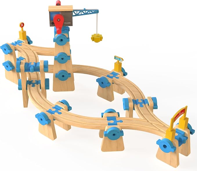 Wooden Train Tracks Build & Play Construction Set 115PCS Modular Railway STEM Toys Track Expansion Pack #3 | Build Crane Tower Bridge Ascending Track Accessories Compatible with Thomas Brio ORBRIUM