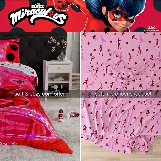 Miraculous: Tales of Ladybug and Cat Noir Kids Bedding Super Soft Comforter and Sheet Set, 5 Piece Full Size, (Officially Licensed Product)