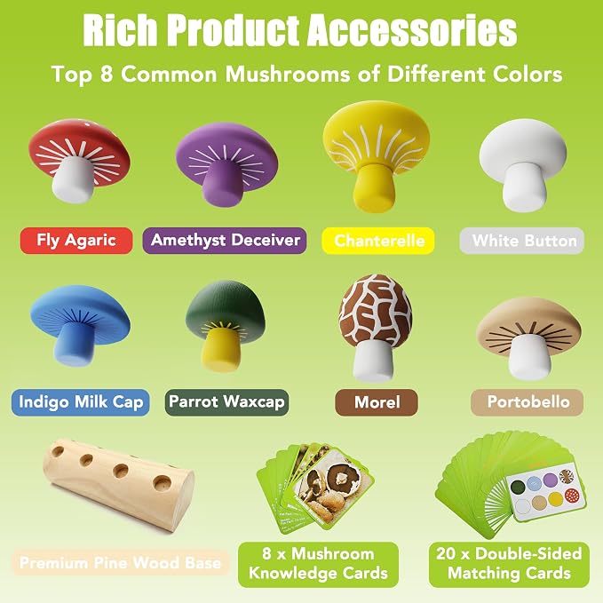Mushroom Montessori Wooden Educational Toy for Toddlers 18M+ – Preschool Learning Playset, Fine Motor & Color Recognition Kids Toy