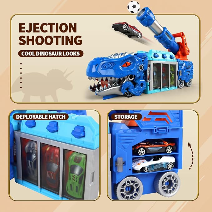 STBEIMEIMY T-Rex Dinosaur Truck, Foldable Storage & Ejection Shooting with 10 Cars Foldable Carrier Stores 10 Cars & 12 Balls, Fun Shooting Game, Sturdy for Active Play, Great for Travel