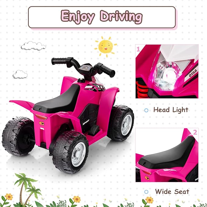 OLAKIDS Kids Ride On ATV, 6V Electric Vehicle for Toddlers, 4 Wheeler Battery Powered Motorized Quad Toy Car for Boys Girls with LED Lights, Horn (Coral)