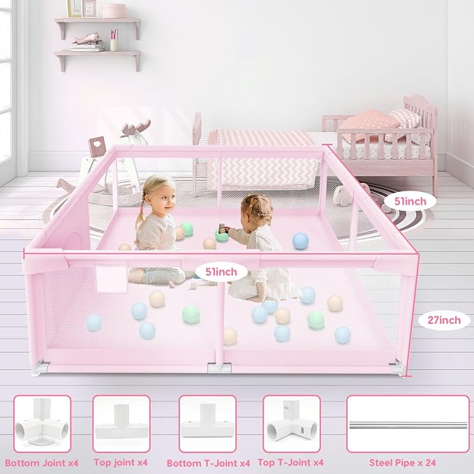 Baby Playpen for Toddler, Playpen for Babies 50" × 50" Baby Fence Playards, Kids Safety Play Pen Area for Indoor & Outdoor (Pink)