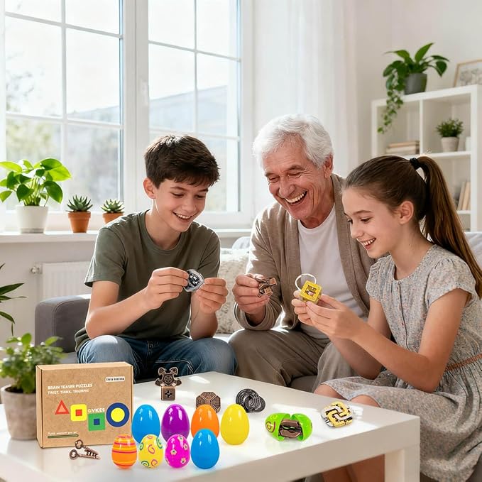 9-Piece Metal Brain Teaser Puzzle Set - The Ultimate Mind Challenge for Adults & Teens with Surprise Eggs, Unlock Your Potential with The Perfect Christmas & Easter Gift (Ages 12+)