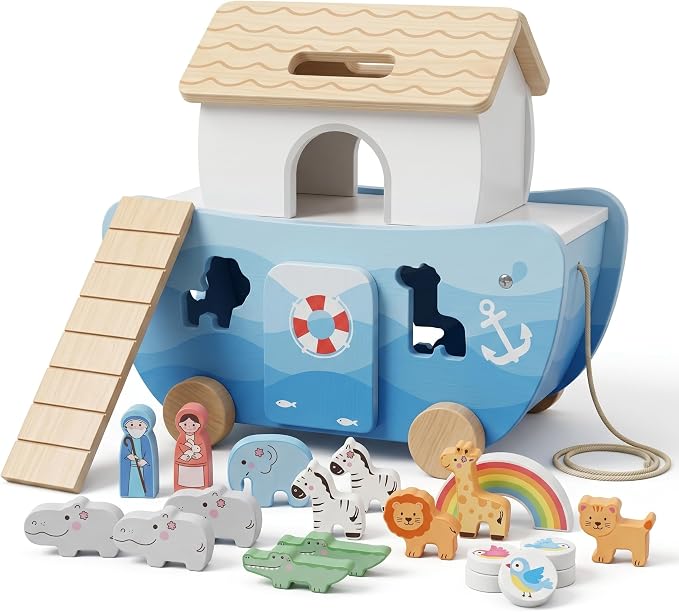 Wooden Noah’s Ark Toy for Toddlers 1-3, Montessori Animal Shape Sorter with 8 Pairs of Animals, Noah Figures, Rainbow, Ladder and Lacing Rope, Baptism Birthday Christian Gift for Boys Girls