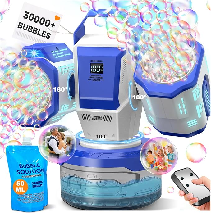 Rechargeable Bubble Machine with Remote Control: 30,000 Bubbles/Min, Type-C, Auto 360° Rotation Bubble Blower with RGB Lights - Creates Magic for Kids Parties, Birthday, Weddings, Outdoor Events