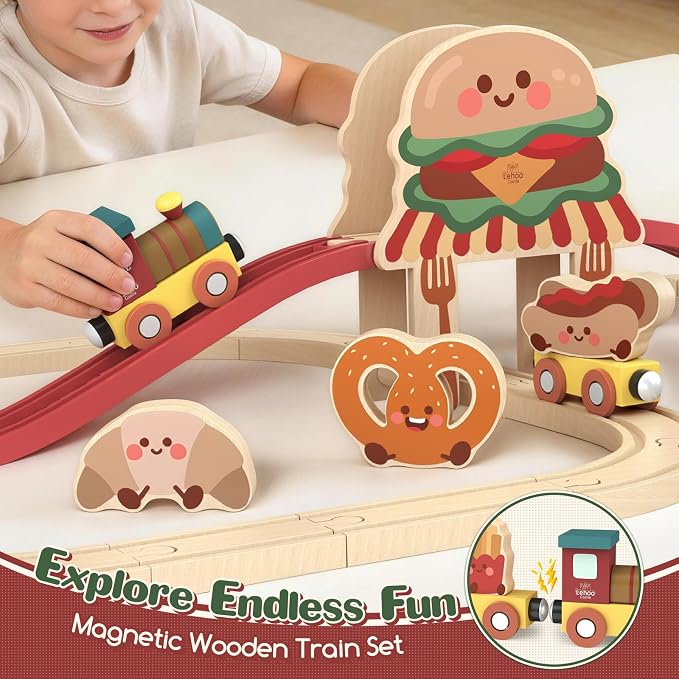 Lehoo Castle Wooden Train Set for Toddlers 2-4, Burger Theme Train Track Set Compatible with Major Brands, Expandable Wooden Railway Toy, Gift for Boys & Girls Ages 3-5