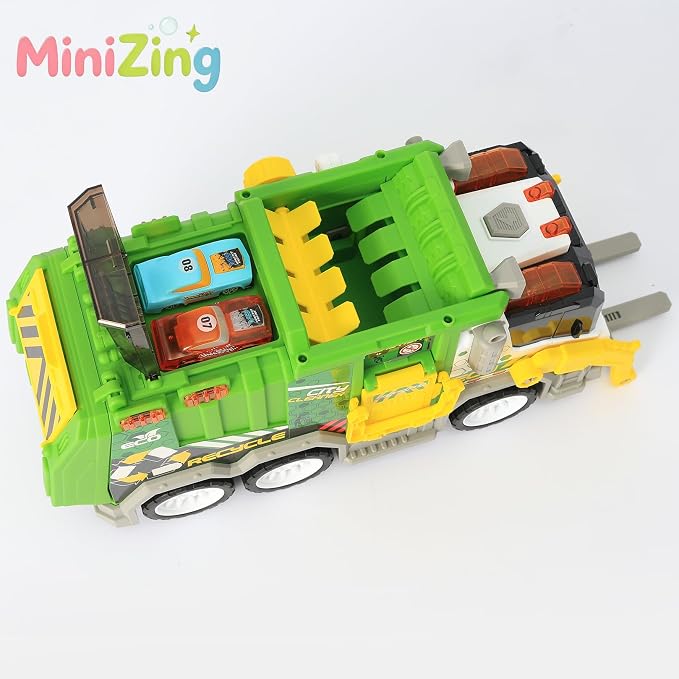 Truck Toy Set for Boys Girls Kids Toddler Gift of Easter Basket Stuffers | 4 bins, 2 launch cars, side clamp, top disposal. Friction power. Indoor/outdoor. Sparks exploration & new play ideas