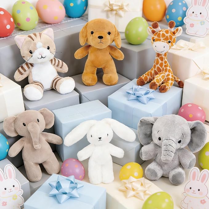 6 Pcs Stuffed Animals Bulk, 8 Inch Small Stuffed Safari Animals, Zoo Stuffed Animals Set (Cat Dog Elephants Giraffe Bunny) Baby Shower Party Decor, Easter Gift for Classroom Kids, Teens, Girls