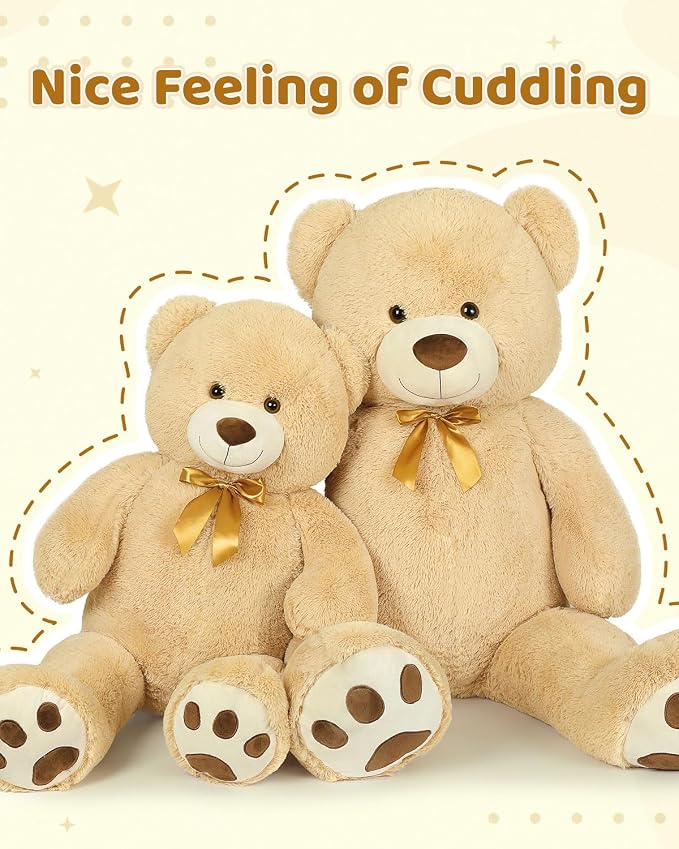 MaoGoLan Giant Teddy Bear Stuffed Animal, 52" Large Tan Teddy Bear Plush Toy with Cute Bow Tie & Footprints, Soft Sunggle Bear Plushies Gift for Kids Grilfriend Wife on Christmas Birthday Baby Shower