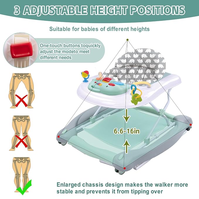5 in 1 Foldable Baby Walker, Activity Baby Walker-Baby Bouncer, Rocker, Activity Center,Seat and Push Walker,Detachable Trampoline Mat, Adjustable Speed Rear Wheels and Height,Ages 6-18 Months(Mint)