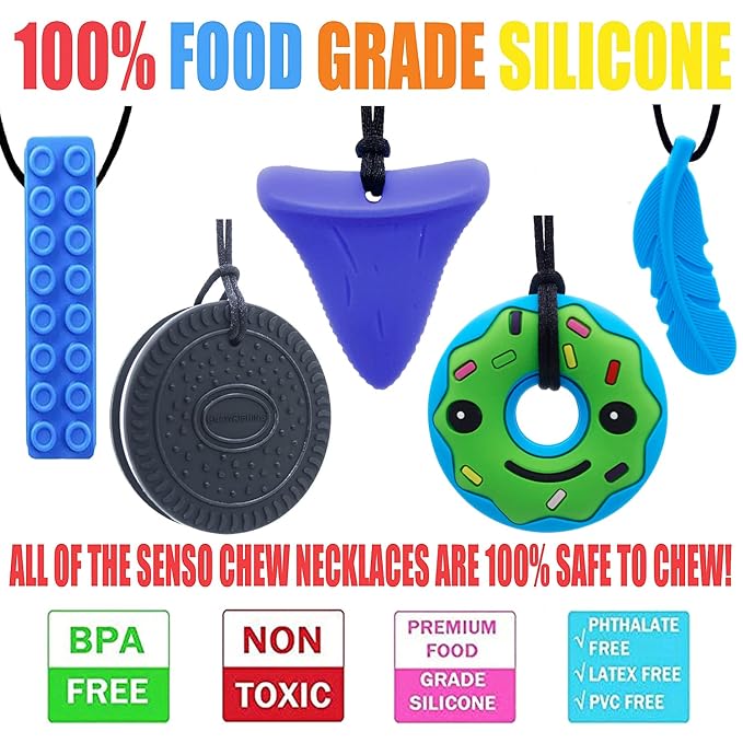 Chew Necklace by GNAWRISHING, 5 Pieces Sensory Chew Necklaces for Kids with Autism, ADHD, SPD, Chewing, Oral Motor