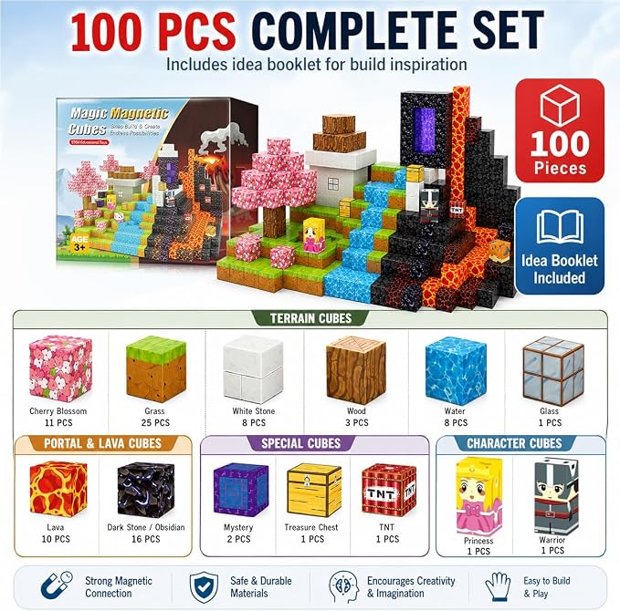 Magnetic Building Blocks 100PCS, Lava Volcano Themed Magnetic Cubes Set for Kids Ages 3+, STEM 3D Magnet Tiles Educational Construction Toys Sensory Montessori Stacking Blocks Gifts for Girls Boys