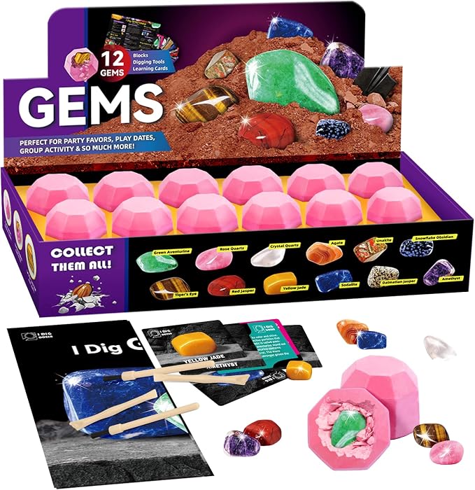 Gemstone Dig Kit, Dig Up 12 Real Gems for Kids,Gem Dig Kit with Tools & Learning Cards,Educational Geology Kit for Boys Girls Ages 6+