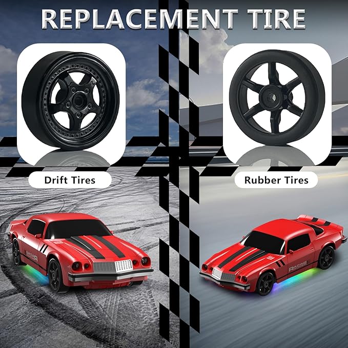 Remote Control Car RC Drift Car 2.4GHz 1:24 4WD 15KM/H High Speed Racing Sport Car with LED Lights Drifting Tire Racing Sport Toy for Adults Boys Girls Kids Gift 2Pcs Rechargeable Batteries