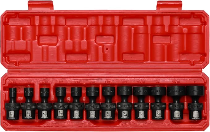 MIXPOWER 3/8" Drive Shallow Impact Universal Joint Swivel Socket Set, SAE, 5/16" - 1", Shallow, Flexible Wobble, Chrome Molybdenum Steel, 12 Pieces Set